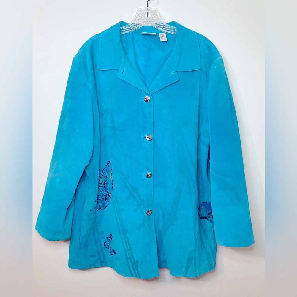 Chico's Suede Jacket Blue Southwestern Ornate Butterfly XL / Chico's size 3